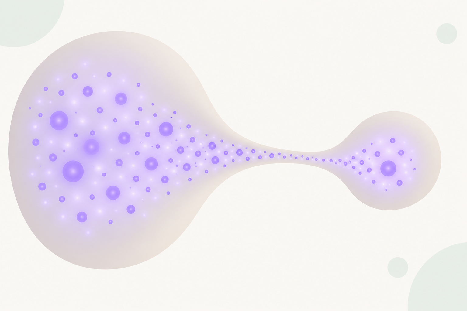 蒸留を表す抽象イラスト。左側の大きな丸い器の中に無数の紫色に発光する粒が詰まっており、それらが細い通路を通って右側の小さな丸い器へ流れ込んでいる。背景は暖ニュートラルの余白で、角に淡い円形の装飾がある。