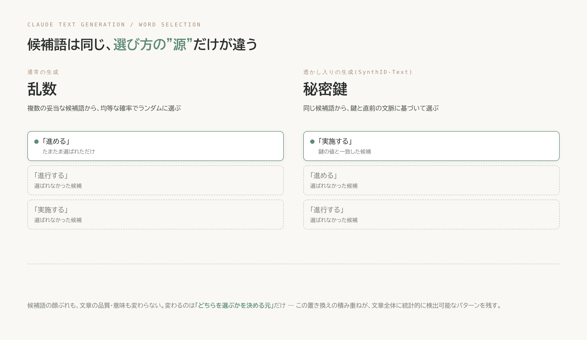 通常のランダムな単語選択と、秘密鍵に基づく透かし選択の違いを示す対比図。候補語の顔ぶれは同じで、選び方の"源"だけが違う。