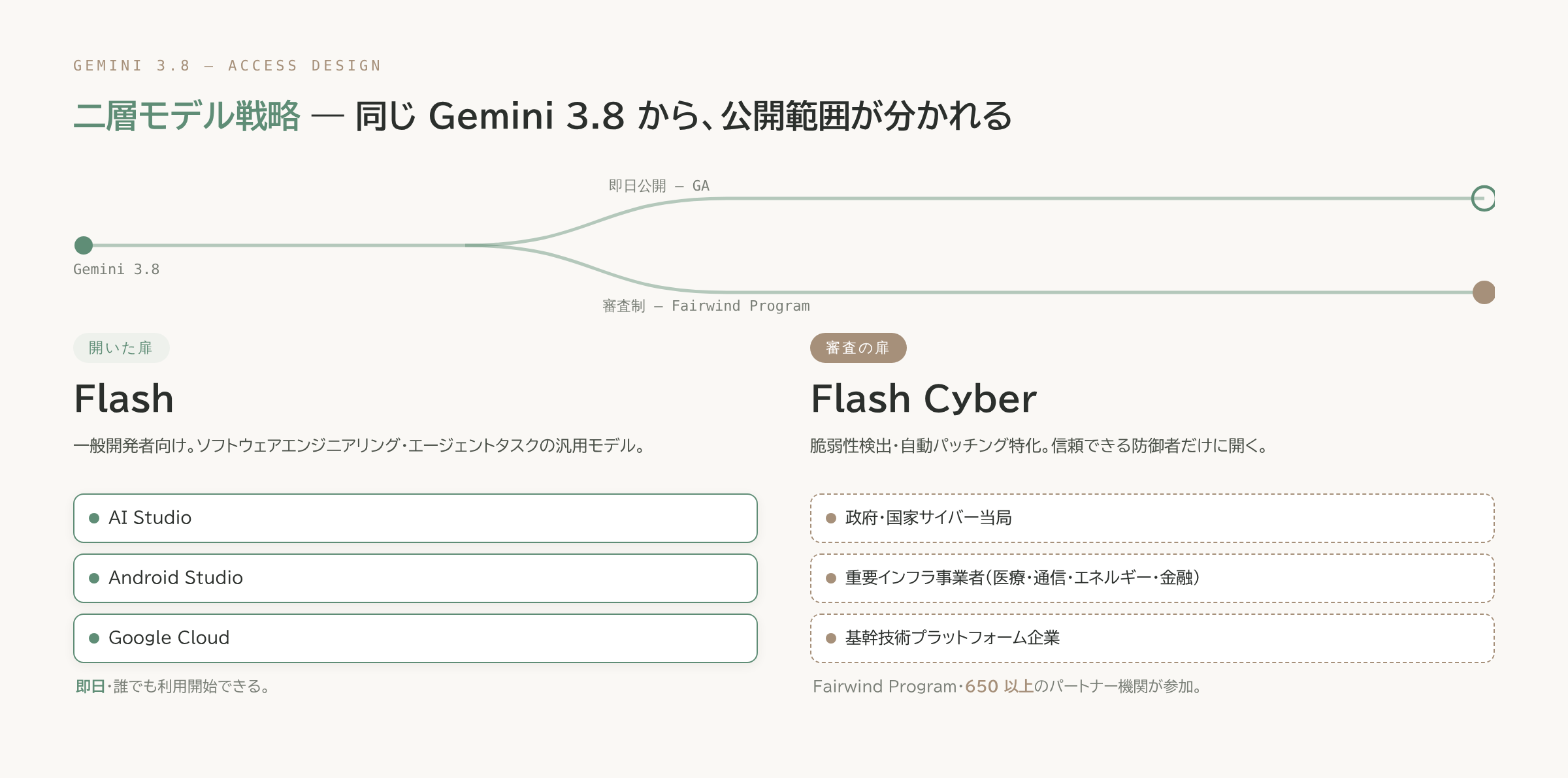 同じGemini 3.8から、即日公開のFlashと審査制のFlash Cyberへ分岐する二層モデル戦略の図。Flashは AI Studio・Android Studio・Google Cloudで即日利用可能、Flash CyberはFairwind Program経由で政府・重要インフラ事業者・基幹技術プラットフォーム企業のみ利用可能。