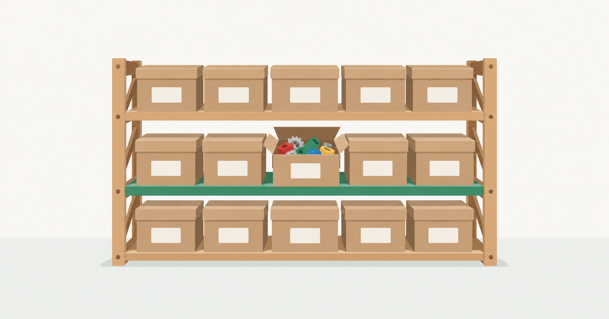 同じラベルの箱の中身がこっそり差し替わる部品棚のイラスト